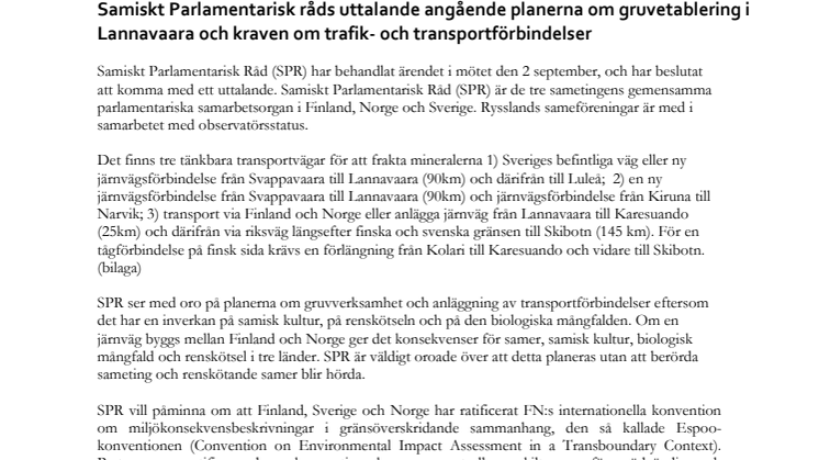 SPR:s uttalande om gruvverksamhet i Lannavaara och planerna på nya järnvägar