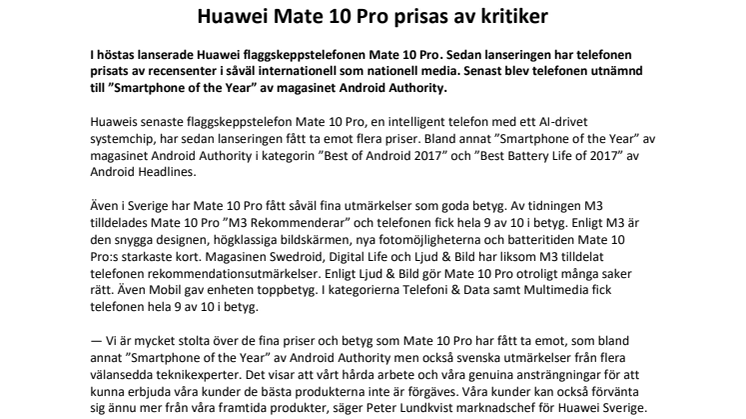 Huawei Mate 10 Pro prisas av kritiker 