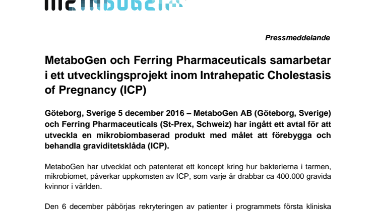 MetaboGen och Ferring Pharmaceuticals samarbetar i ett utvecklingsprojekt inom Intrahepatic Cholestasis of Pregnancy (ICP)