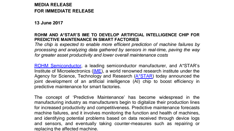 ROHM AND A*STAR’S IME TO DEVELOP ARTIFICIAL INTELLIGENCE CHIP FOR PREDICTIVE MAINTENANCE IN SMART FACTORIES