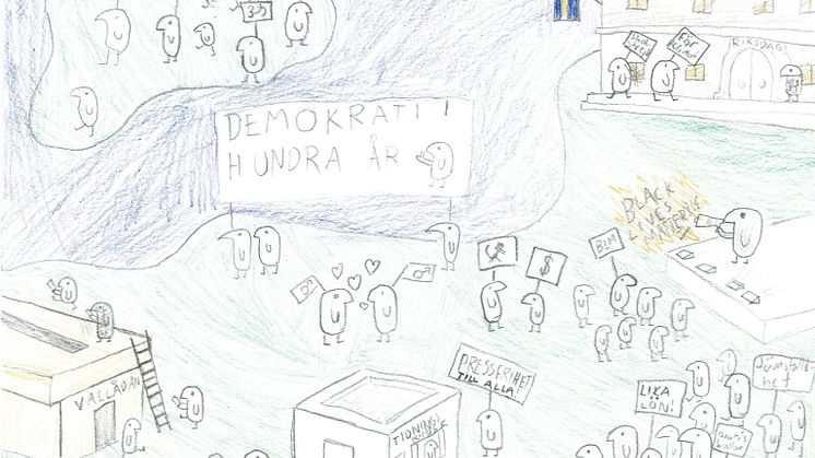 Teckning från när skolklasser i årskurs fyra och fem fick rita på temat "Demokrati 100 år". Foto: Årskurs 5, Uppsala Musikklasser (CC0)