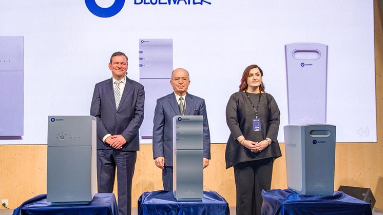 Bluewater founder and CEO Bengt Rittr, NIA founder and chairman Mr. M.T.H Nia, and NIA Chief Transformation Officer, Haleh Nia, unveil Bluewater's market leading water purifiers at Dubai launch