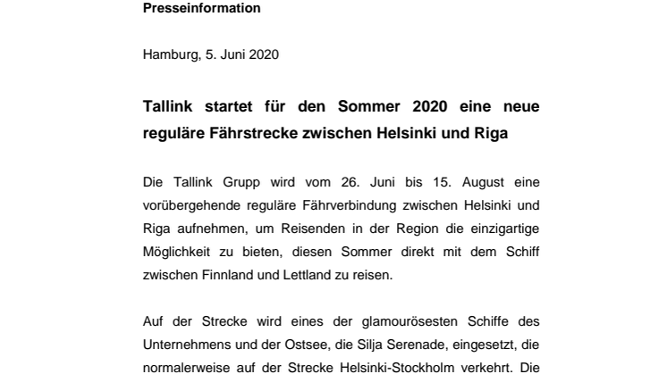 Tallink startet für den Sommer 2020 eine neue reguläre Fährstrecke zwischen Helsinki und Riga