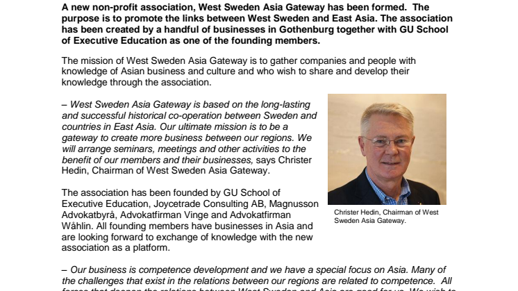 New Association to promote links between West Sweden and East Asia