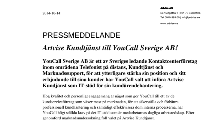 Artvise Kundtjänst till YouCall Sverige AB!