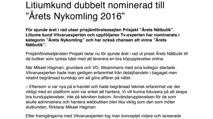 Litiumkund dubbelt nominerad till ”Årets Nykomling 2016”