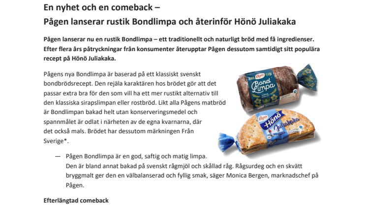 En nyhet och en comeback – Pågen lanserar rustik Bondlimpa och återinför Hönö Juliakaka