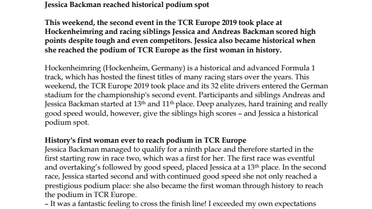 Jessica Backman reached historical podium spot 