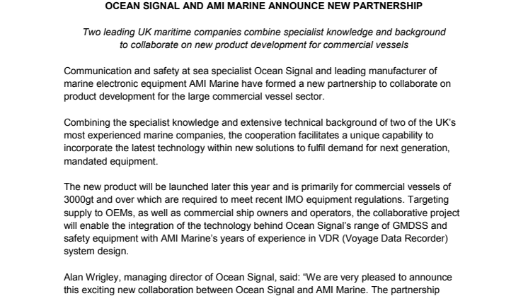 Ocean Signal: Ocean Signal and AMI Marine Announce New Partnership