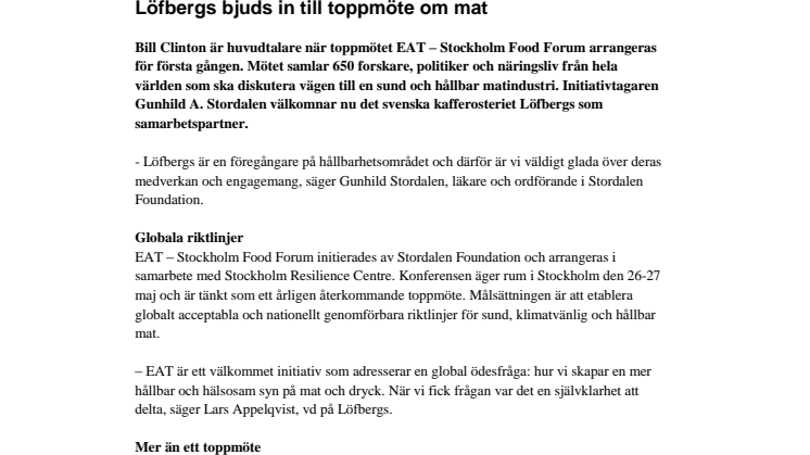 Löfbergs bjuds in till toppmöte om mat