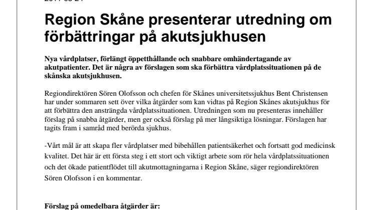 Region Skåne presenterar utredning om förbättringar på akutsjukhusen