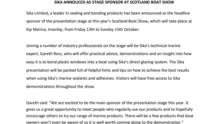 Sika Limited: Sika Announced as Stage Sponsor at Scotland Boat Show