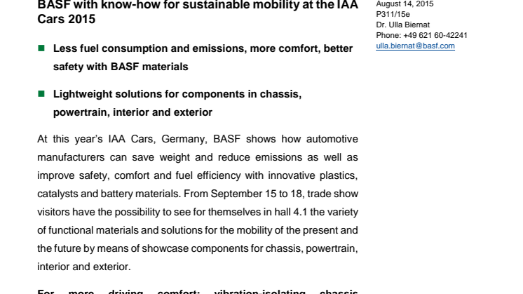 BASF bidrager med knowhow til bæredygtig mobilitet ved IAA Cars 2015. 