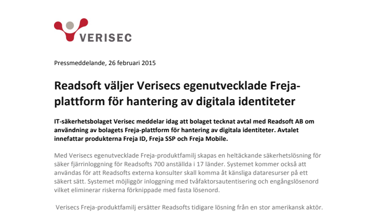 Readsoft väljer Verisecs egenutvecklade Freja-plattform för hantering av digitala identiteter