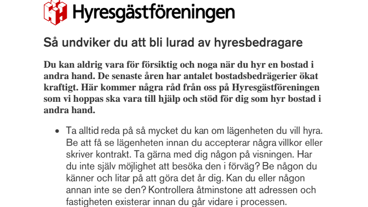 Tips från Hyresgästföreningen - Så undviker du att bli lurad av bostadsbedragare