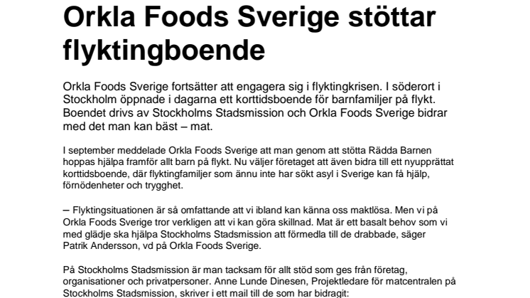 Orkla Foods Sverige stöttar flyktingboende