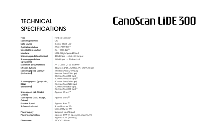 Cano Scan LiDE 300 Spec Sheet