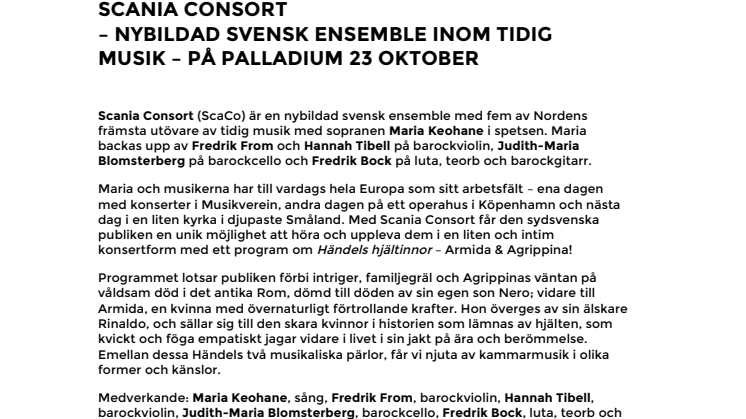 Scania Consort – nybildad svenska ensemble inom tidig musik – på Palladium 23 oktober