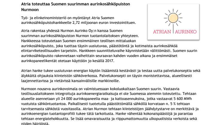 Atria toteuttaa Suomen suurimman aurinkosähköpuiston Nurmoon