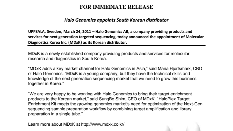 Halo Genomics appoints South Korean distributor