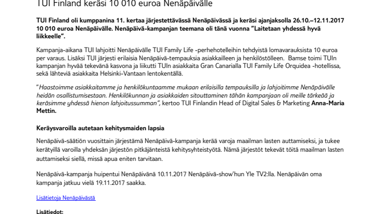 TUI Finland keräsi 10 010 euroa Nenäpäivälle