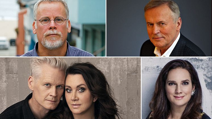 Övre raden från vänster Michael Connelly, John Grisham. Undre raden: Henrik Fexeus och Camilla Läckberg, Sofie Sarenbrant. Foton: Terrill Lee Lankford / Michael Lionstar / Elisabeth Toll / Thron Ullberg.