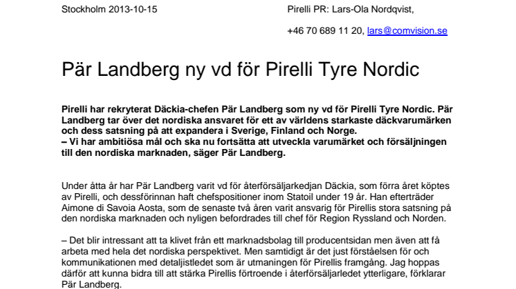 Pär Landberg ny vd för Pirelli Tyre Nordic