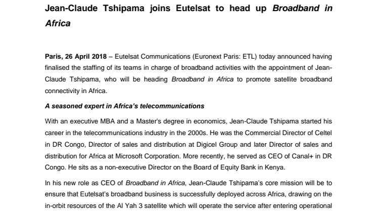 Jean-Claude Tshipama joins Eutelsat to head up Broadband in Africa