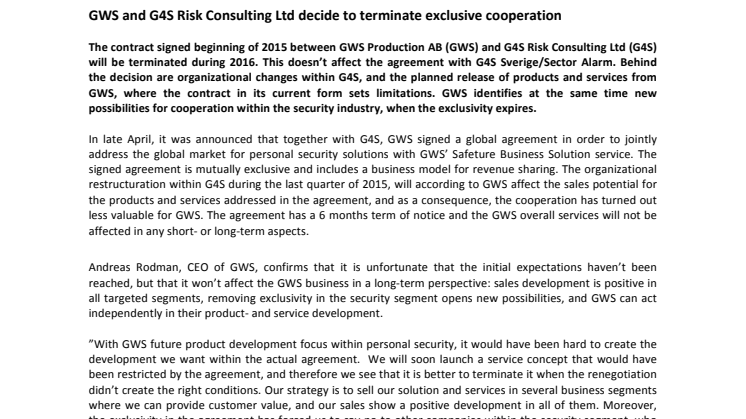 GWS and G4S Risk Consulting Ltd decide to terminate exclusive cooperation 