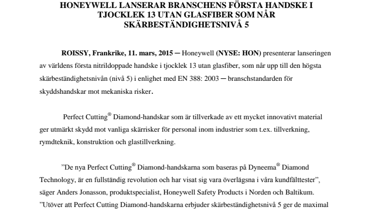 Honeywell lanserar branschens första handske i tjocklek 13 utan glasfiber som når skärbeständighetsnivå 5