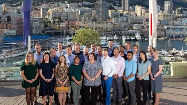 Members of the GEBCO-Nippon Foundation Alumni Team and partners at the International Hydrographic Organization (IHO) in Monaco. The team met with IHO Secretary General Mathias Jonas (front, fifth from right). Credit: Rebecca Marshall