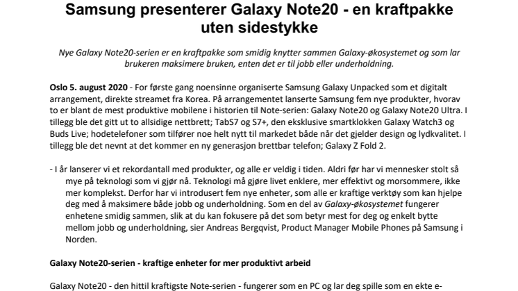 Samsung presenterer Galaxy Note20 - en kraftpakke uten sidestykke