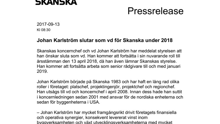 Johan Karlström slutar som vd för Skanska under 2018