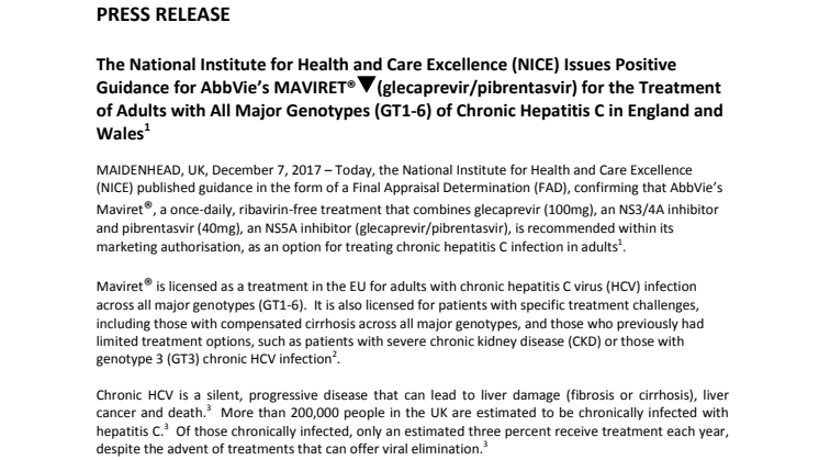 The National Institute for Health and Care Excellence (NICE) Issues Positive Guidance for AbbVie’s MAVIRET® (glecaprevir/pibrentasvir) for the Treatment of Adults with All Major Genotypes (GT1-6) of Chronic Hepatitis C in England and Wales