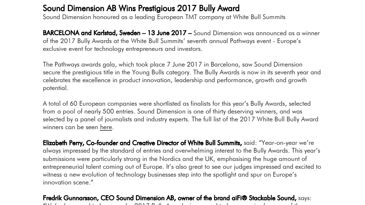 Bully Award 2017 till Sound Dimension AB