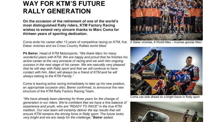 ¡GRACIAS MARC! COMA PAVES WAY FOR KTM’S FUTURE RALLY GENERATION