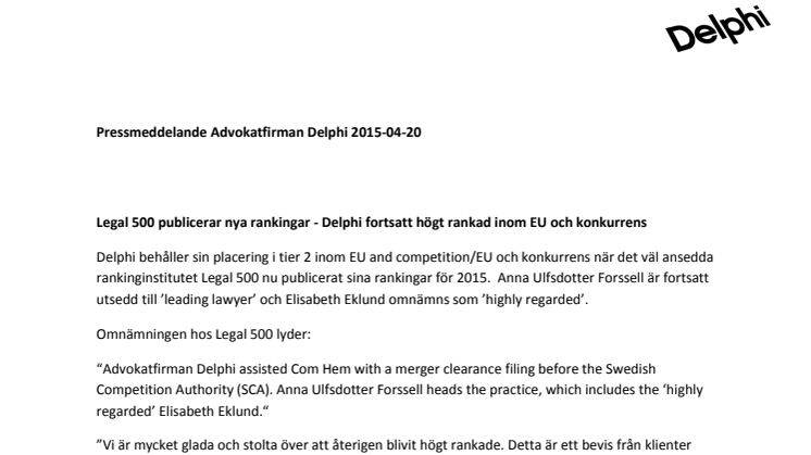 Legal 500 publicerar nya rankingar - Delphi fortsatt högt rankad inom EU och konkurrens 