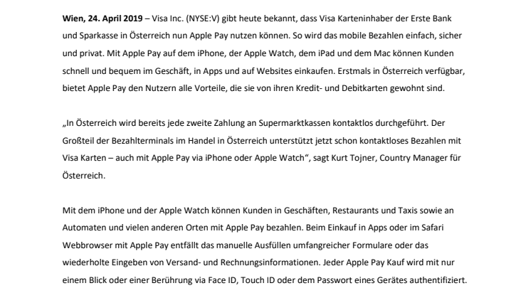 Apple Pay ab sofort für Visa Karteninhaber in Österreich verfügbar