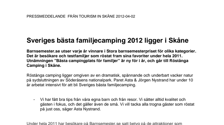 Sveriges bästa familjecamping 2012 ligger i Skåne