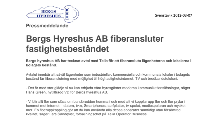 Bergs Hyreshus AB fiberansluter fastighetsbeståndet