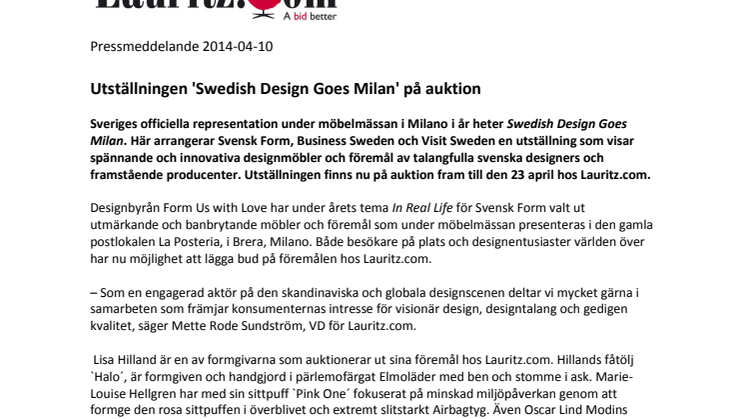 Utställningen 'Swedish Design Goes Milan' på auktion 