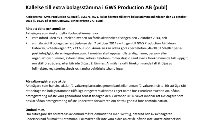 Kallelse till extra bolagsstämma i GWS Production AB (publ)