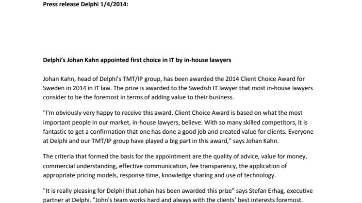 Delphi’s Johan Kahn appointed first choice in IT by in-house lawyers