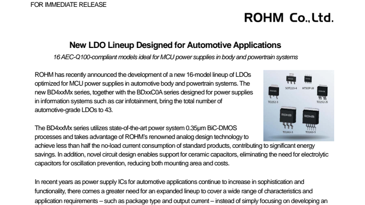 ROHM Semiconductor's New LDO Lineup Designed for Automotive Applications: 16 AEC-Q100-compliant models ideal for MCU power supplies in body and powertrain systems