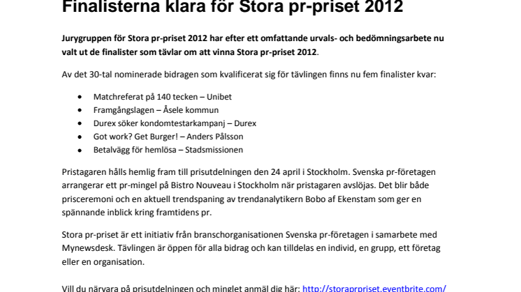Finalisterna klara för Stora pr-priset 2012