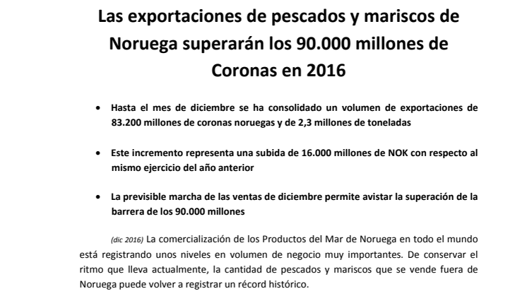 Las exportaciones de pescados y mariscos de Noruega superarán los 90.000 millones de Coronas en 2016