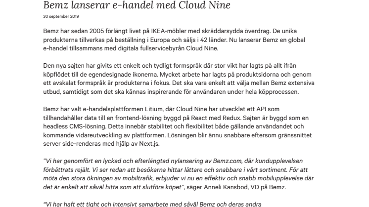 Bemz lanserar e-handel med Cloud Nine