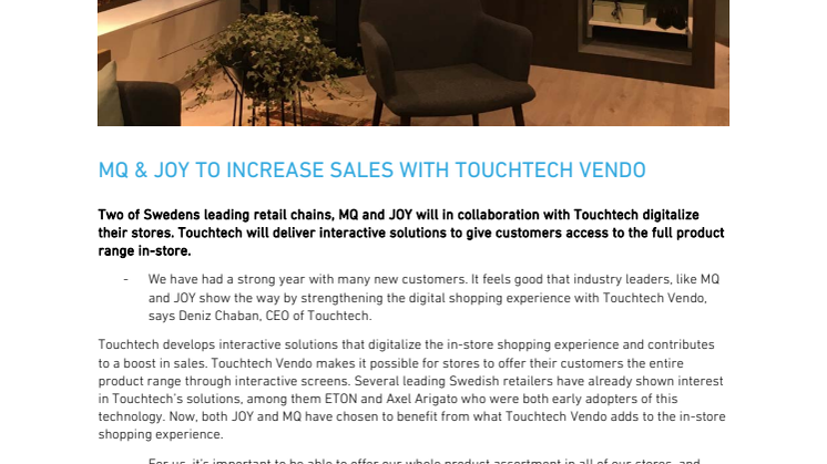 MQ & JOY to increase sales with Touchtech Vendo- press release