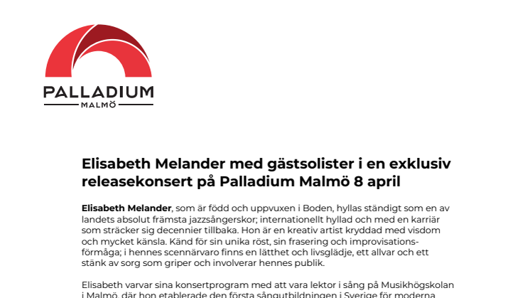 Elisabeth Melander med gästsolister i en exklusiv releasekonsert på Palladium Malmö 8 april
