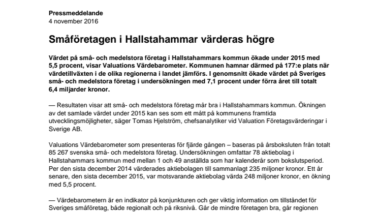 Värdebarometern 2015 Hallstahammars kommun